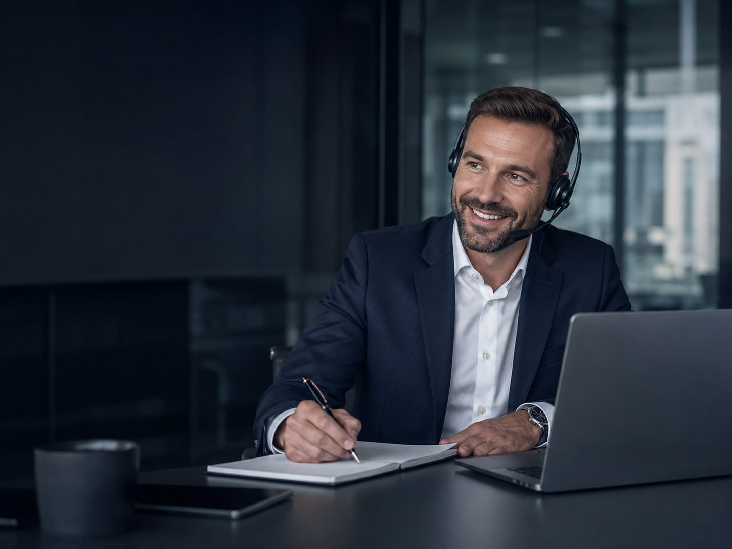 A funding adviser wearing a headset taking notes at his desk