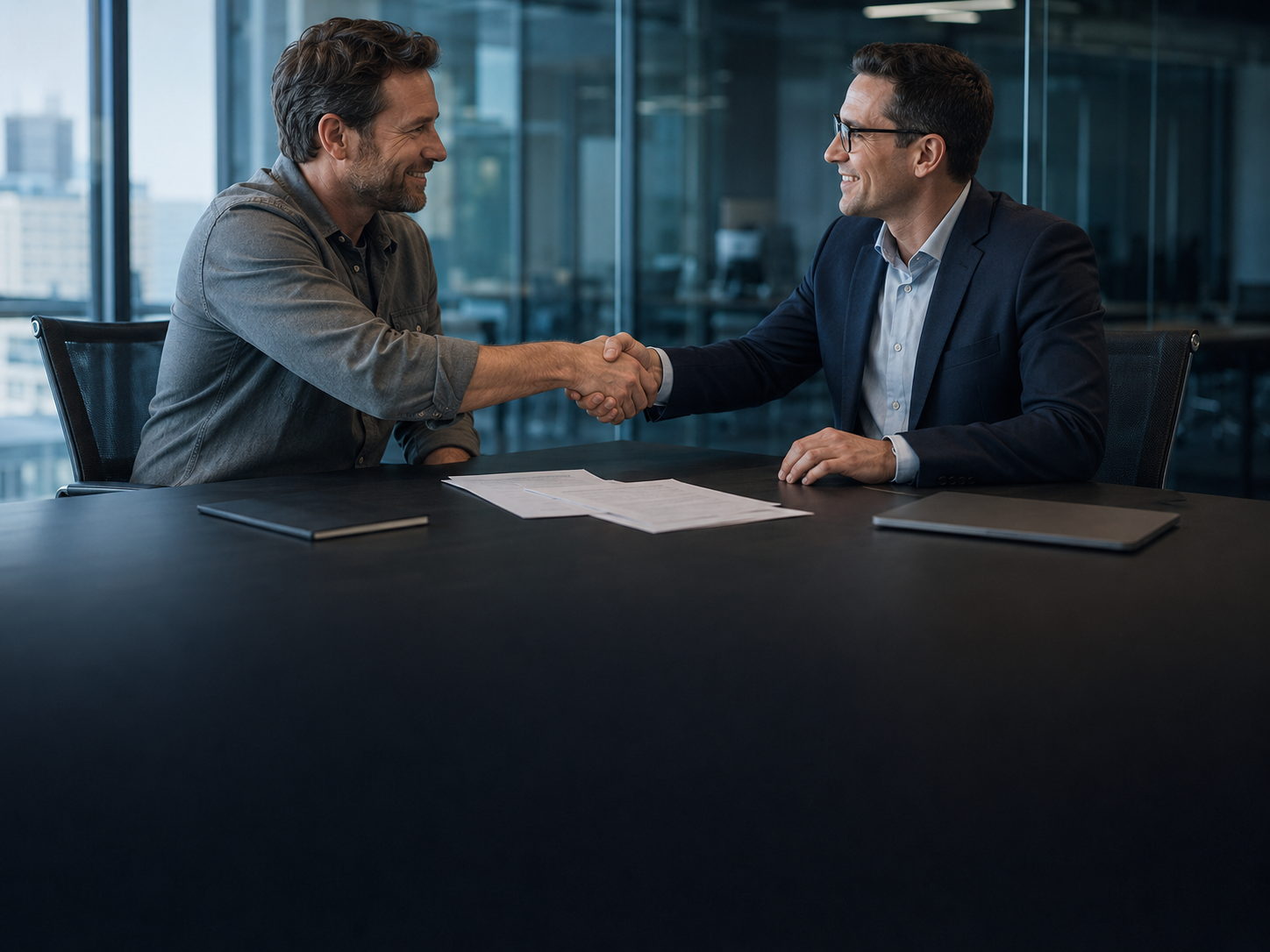 Two business people shaking hands across a desk of paperwork