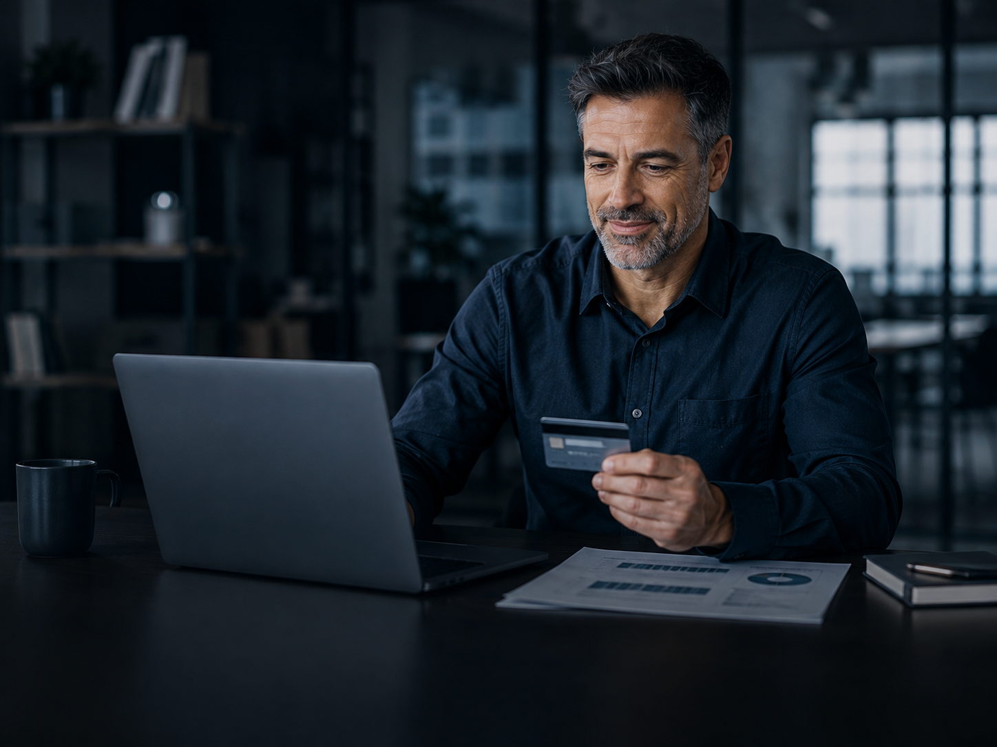 A business owner using a credit card at a laptop