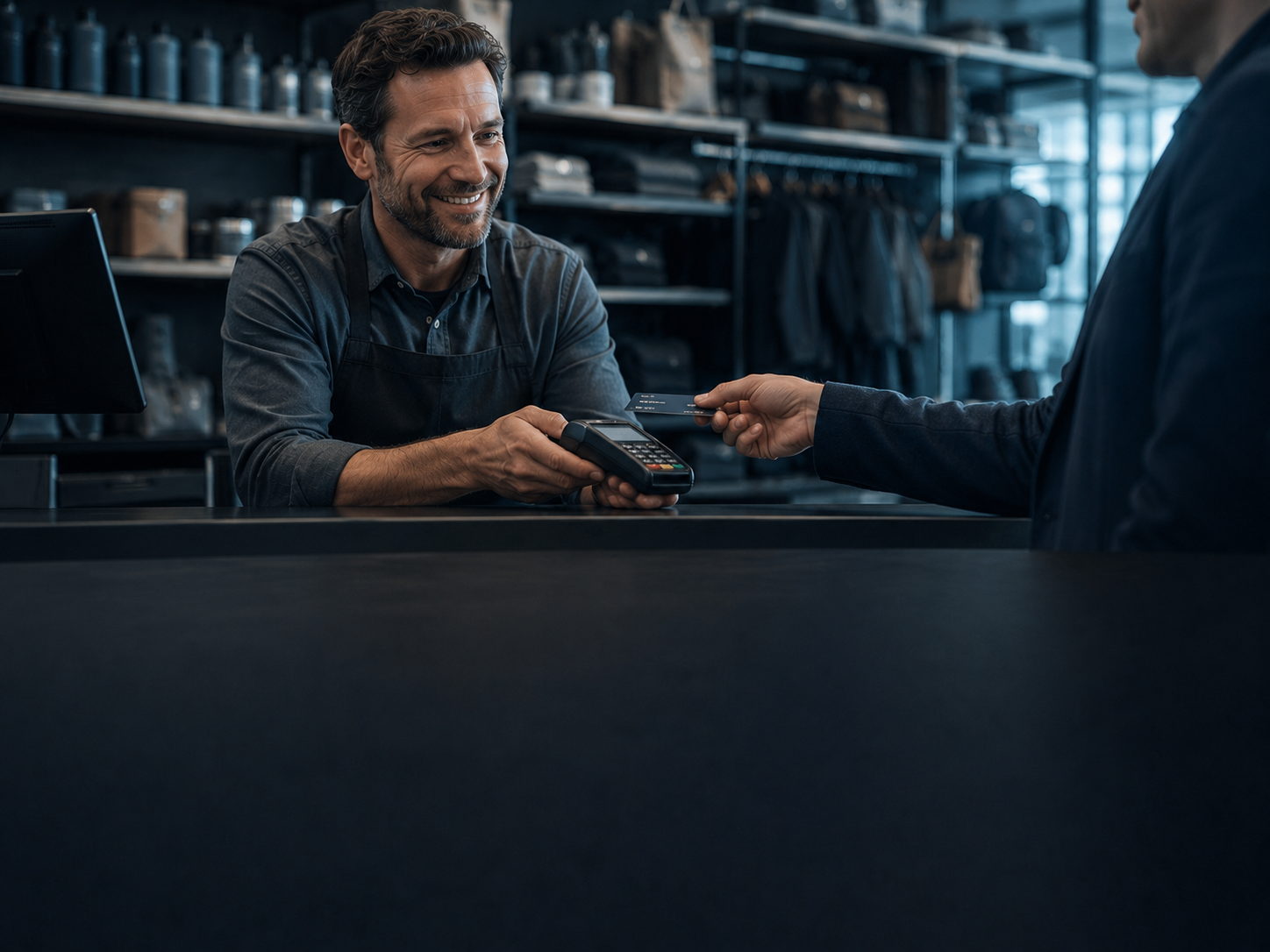 A shop owner taking a card payment at the counter