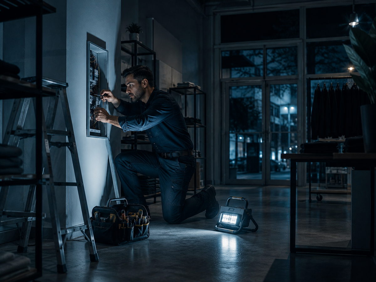 A technician making an after-hours repair by work light