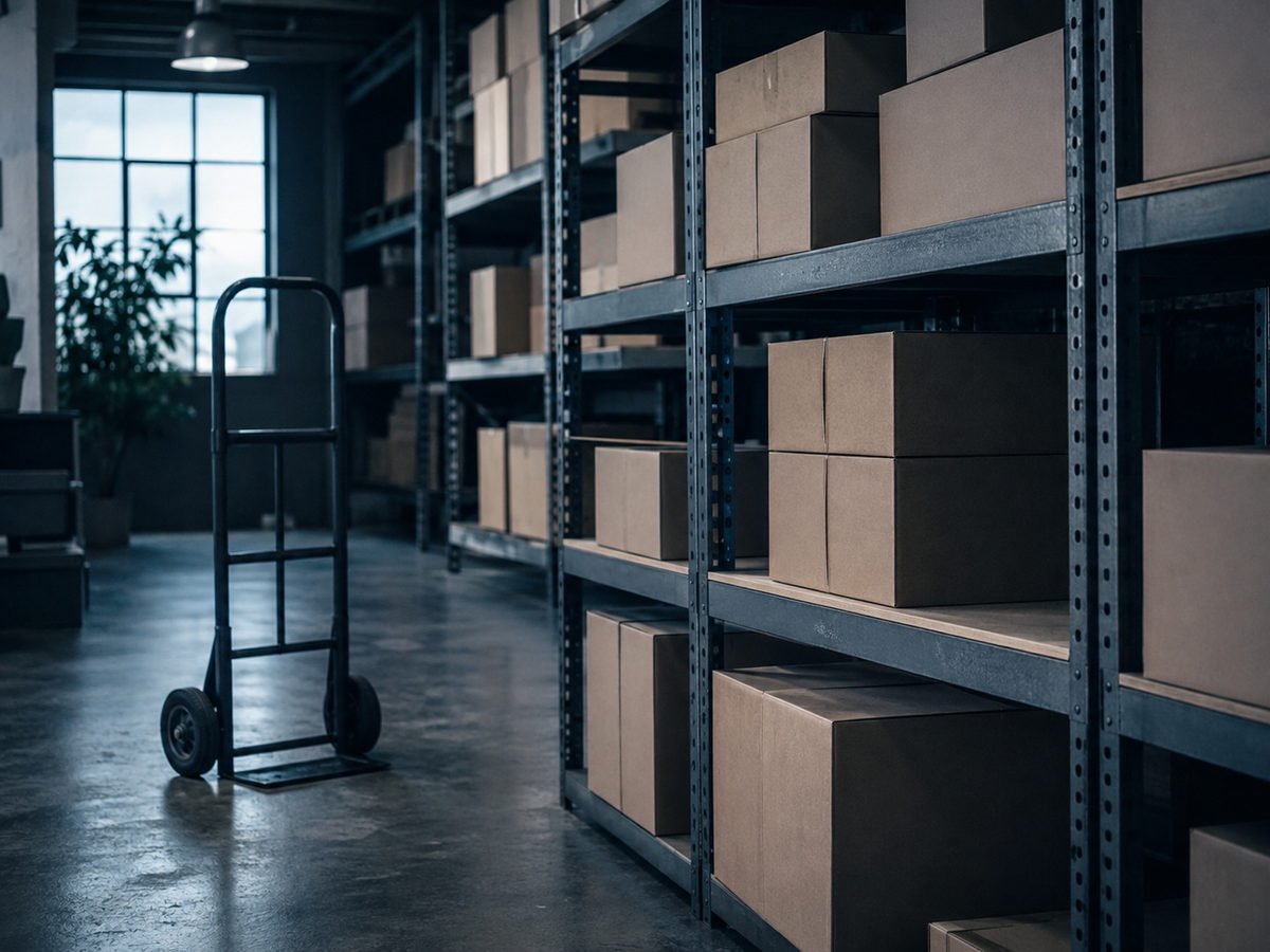 Stocked shelves and cartons in a business storeroom