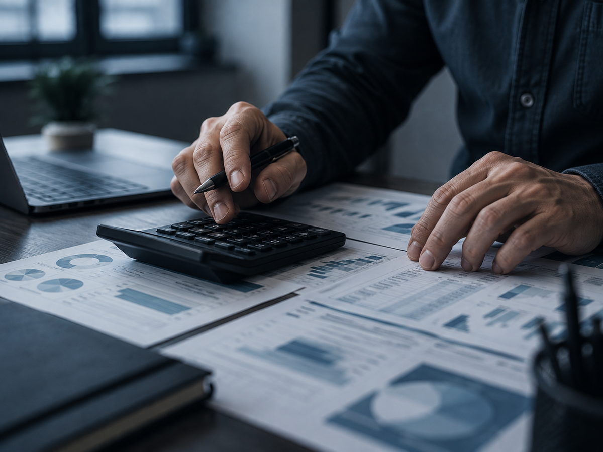 Hands working through payroll figures on a calculator