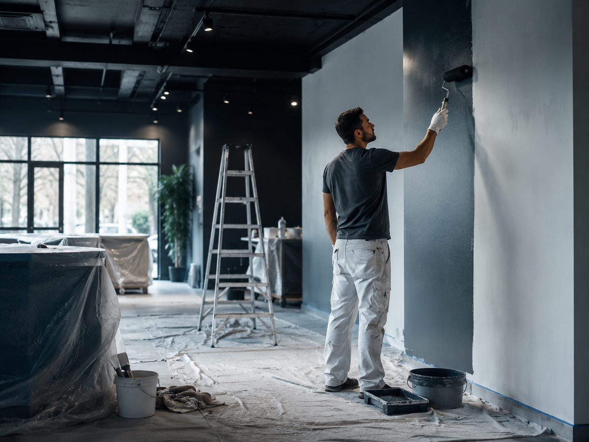 A tradesperson painting the wall of a space under renovation