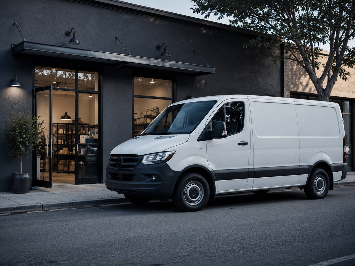 A delivery van parked outside a business